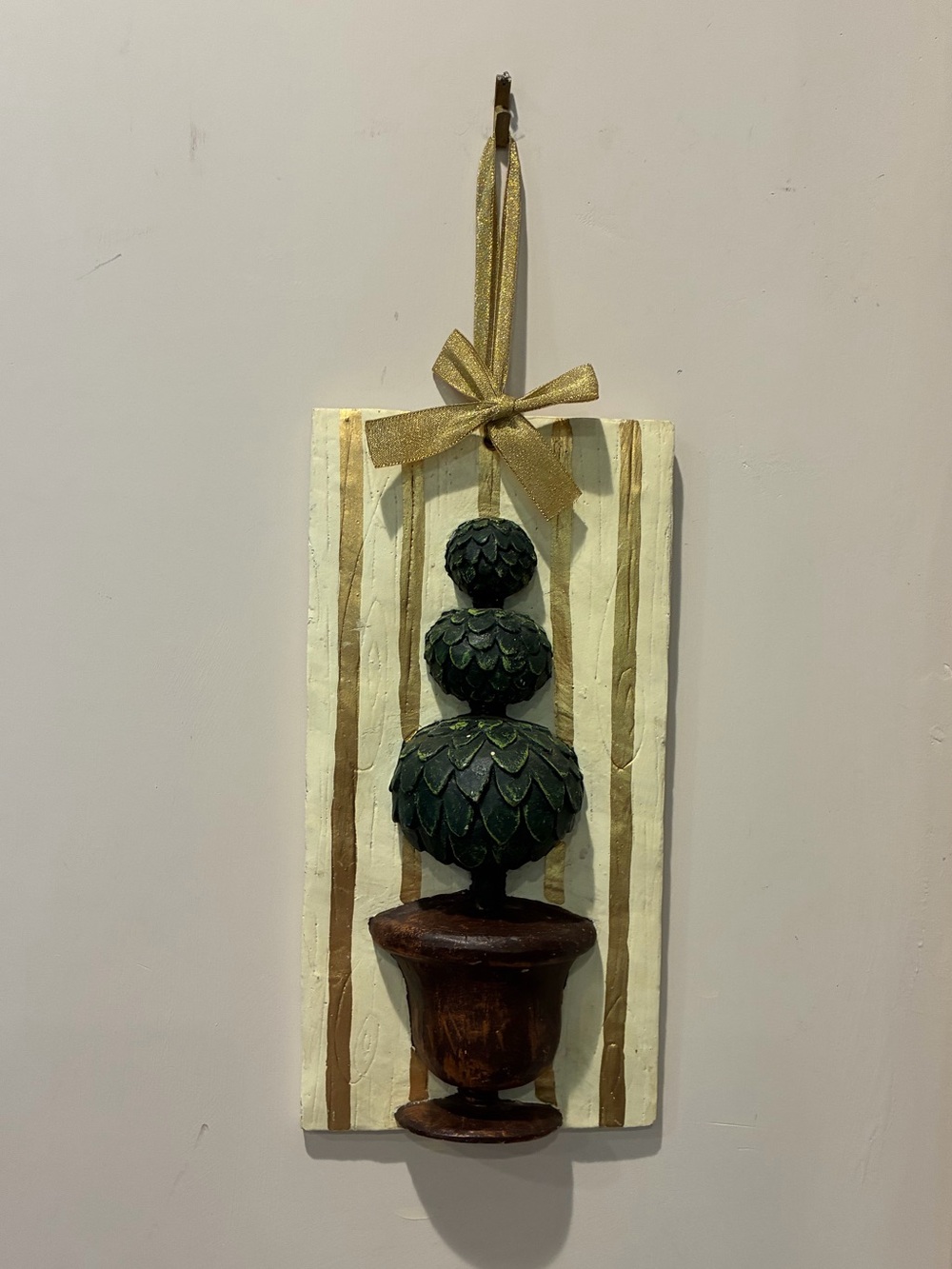 Vintage Gold Ribbon Topiary Wall Plaque - Green and Brown